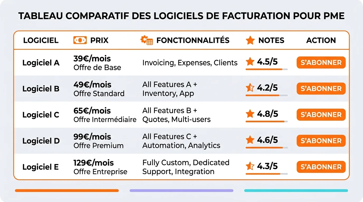 Tableau comparatif des logiciels de facturation PME avec colonnes prix fonctionnalites et notes
