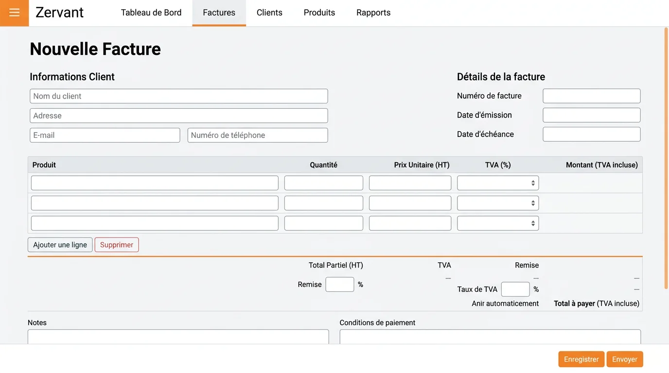 Ecran de creation de facture Zervant avec champs client produit et calcul TVA automatique