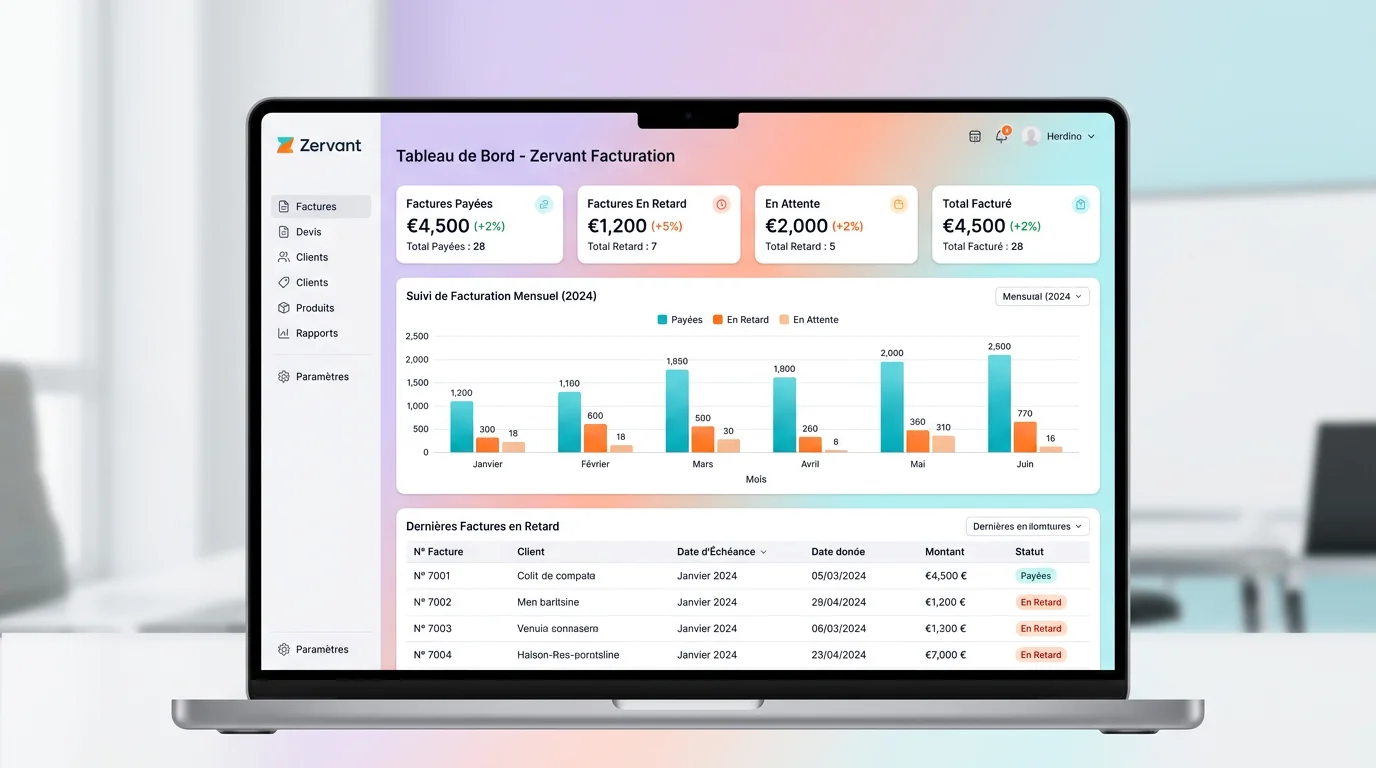 Tableau de bord Zervant facture montrant le suivi des factures payees et en retard avec graphique mensuel