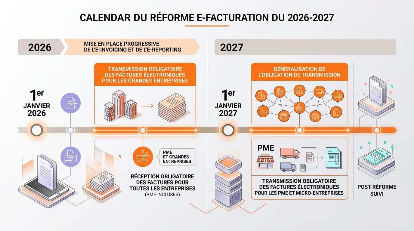 Calendrier de la reforme e-facturation 2026-2027 avec les dates cles pour PME et grandes entreprises